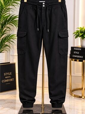 Revamped Men's Black Cargo Joggers with Drawstring